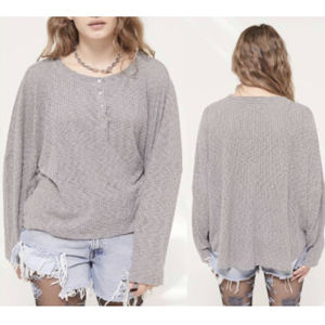 URBAN OUTFITTERS Gray Textured Holland Henley Thermal Button Blouse